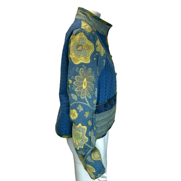 Mary Lynn O'Shea  Jacket Medium Blue Yellow Floral Tapestry Patchwork Design - Picture 2 of 10
